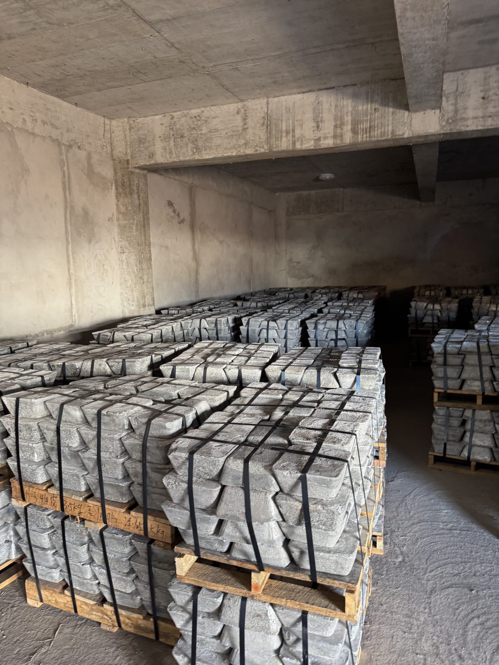 Palletized and strapped product staged in the warehouse